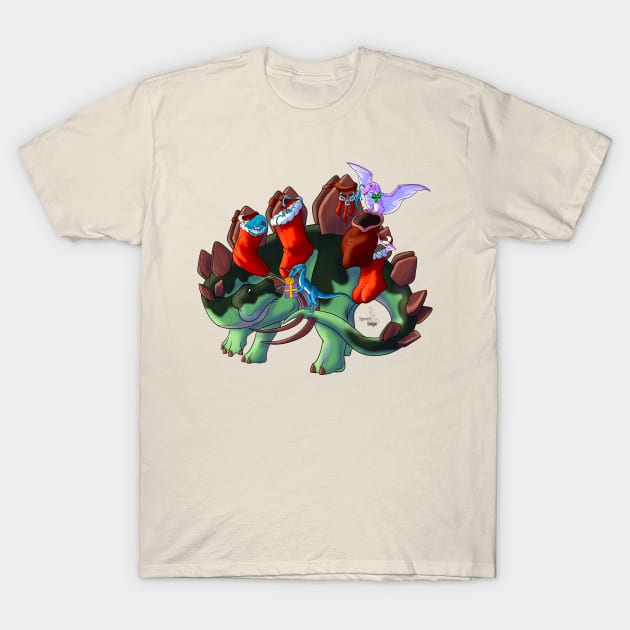 HoliDinos: Stuffing Stegosaurus Stockings T-Shirt by tygerwolfe